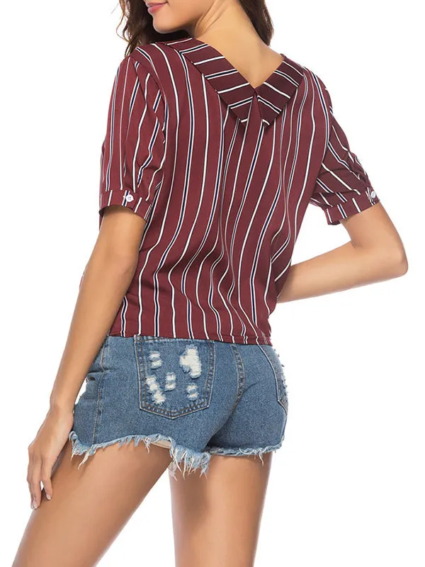 V-neck Short-sleeved Striped Shirt Top