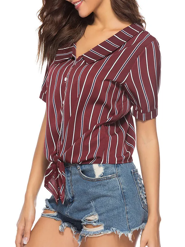 V-neck Short-sleeved Striped Shirt Top
