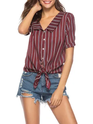 V-neck Short-sleeved Striped Shirt Top