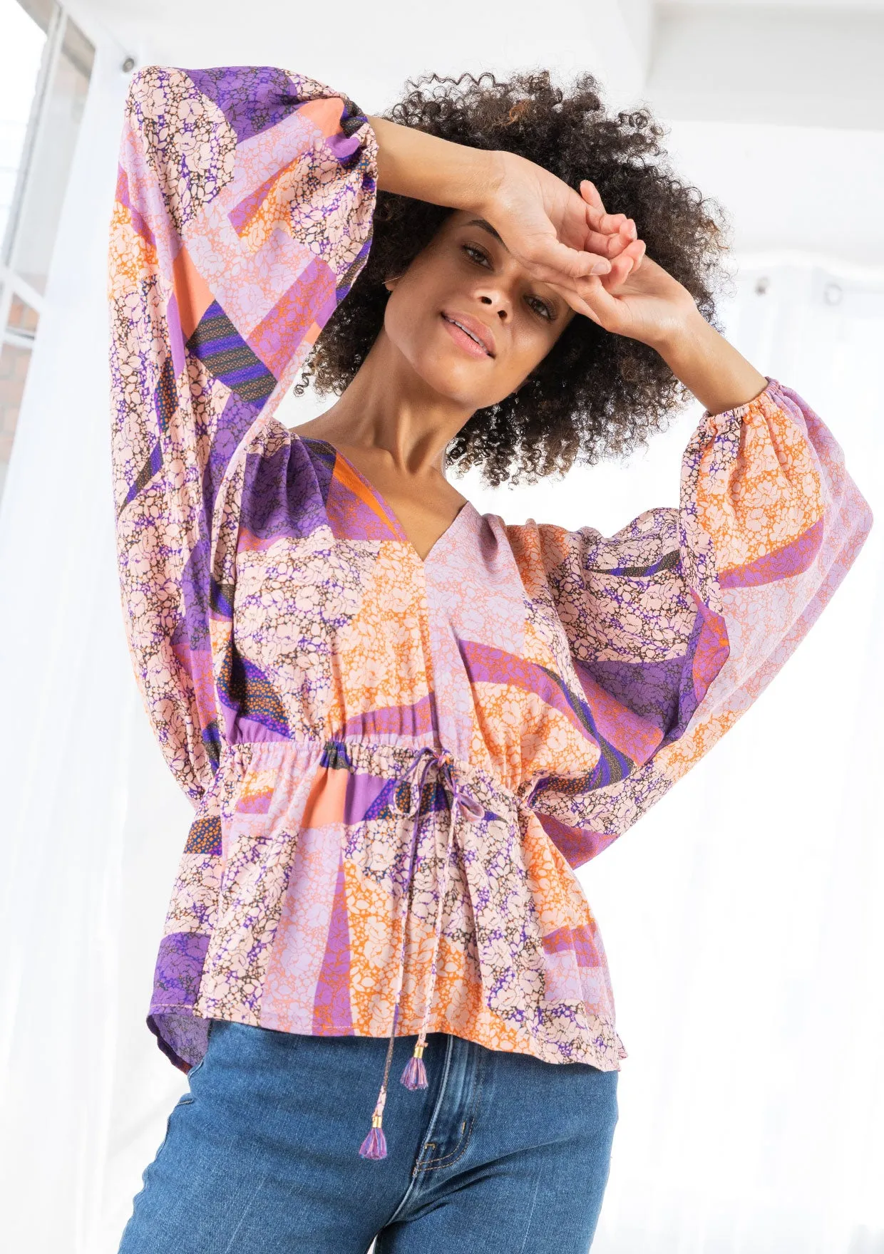 Vibrant Bohemian Long Sleeve V Neck Blouse