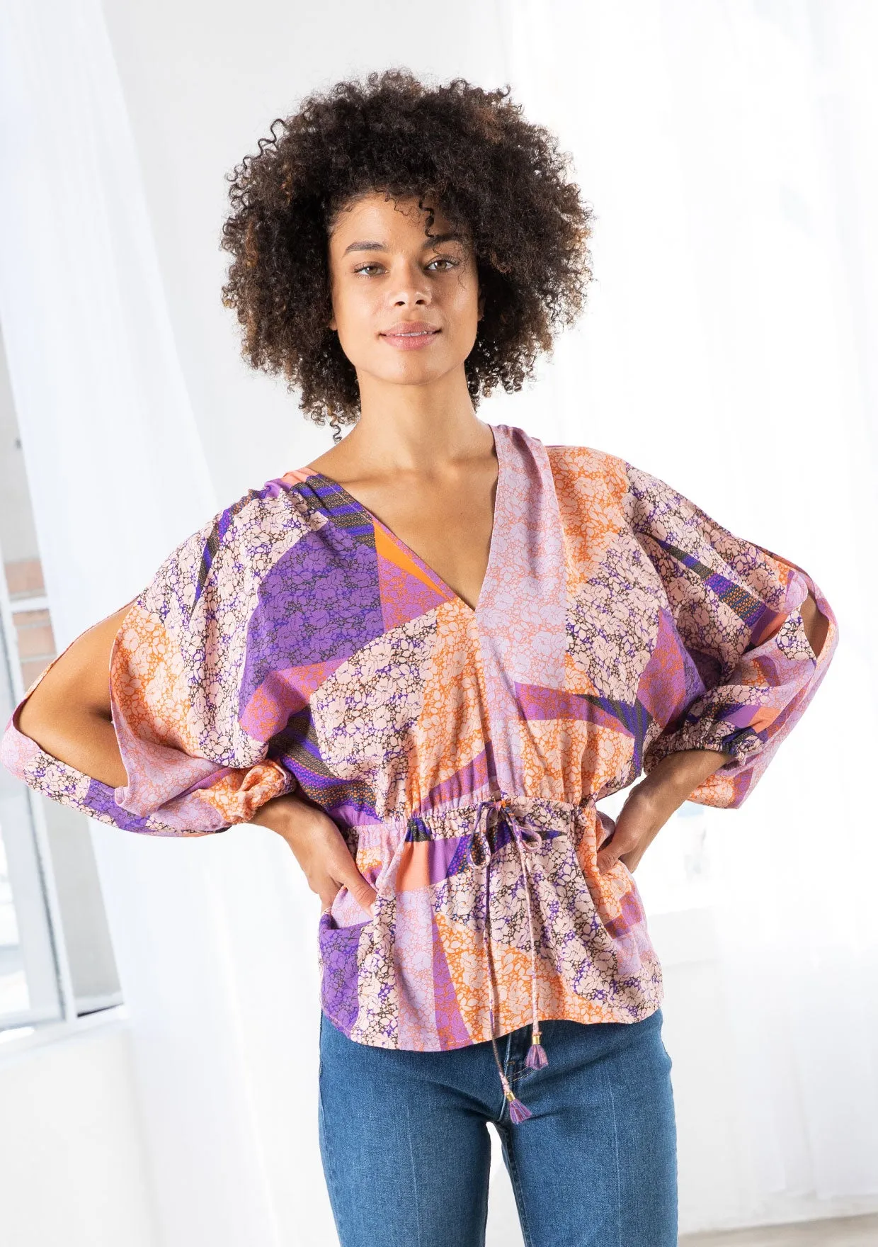 Vibrant Bohemian Long Sleeve V Neck Blouse