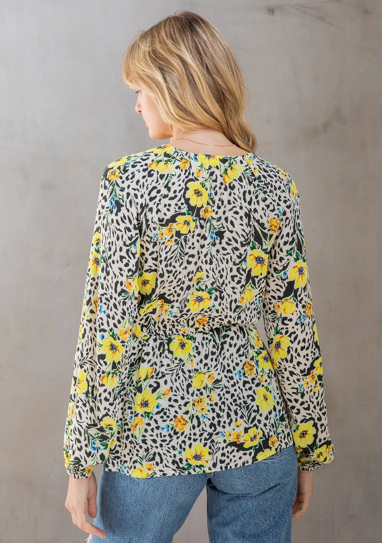 Vibrant Floral Print Tie Front Long Sleeve Top