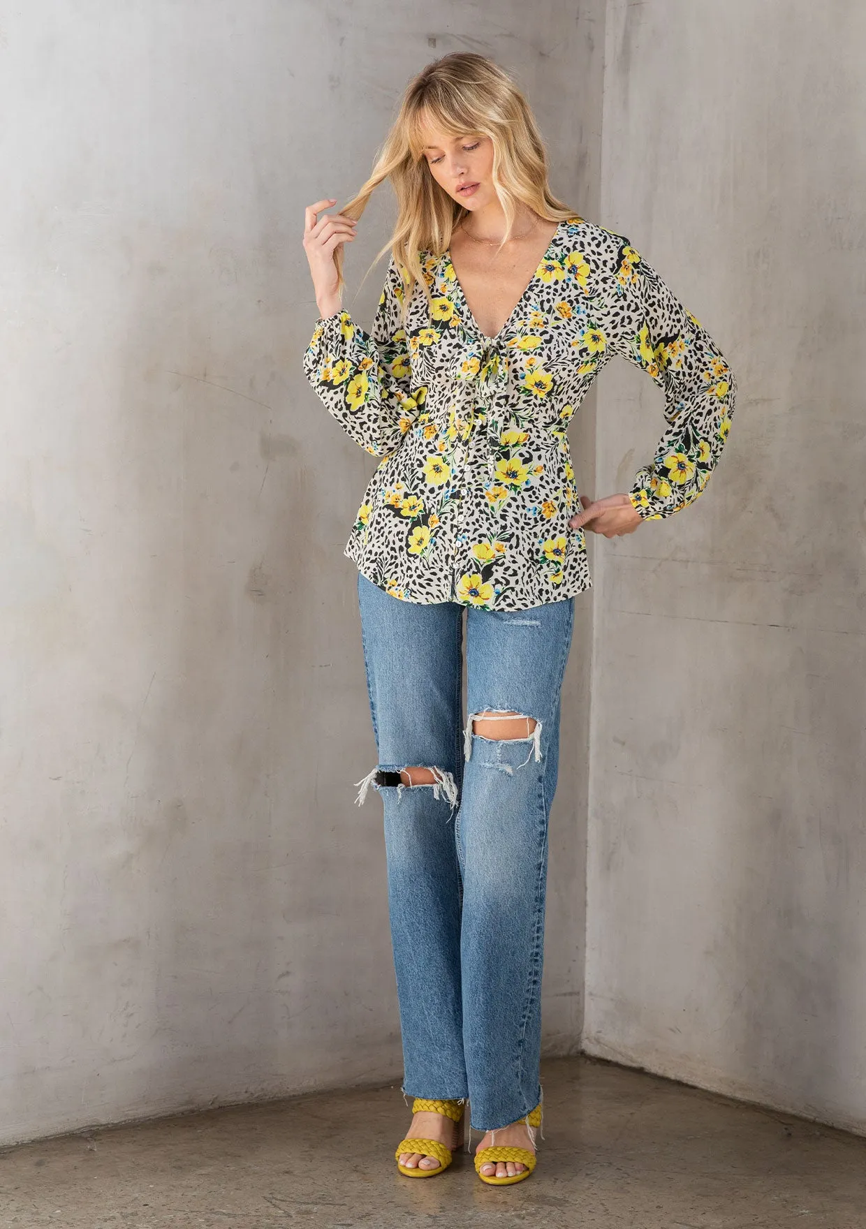 Vibrant Floral Print Tie Front Long Sleeve Top