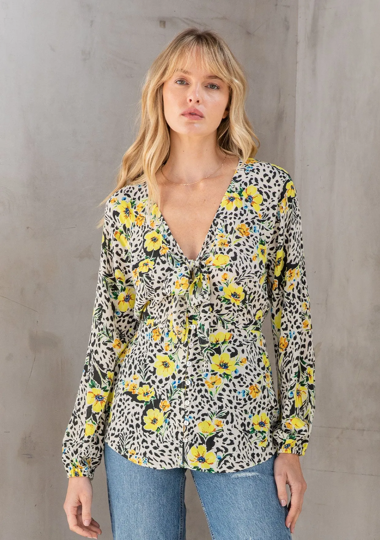 Vibrant Floral Print Tie Front Long Sleeve Top