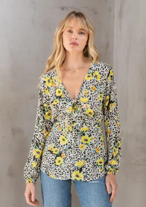Vibrant Floral Print Tie Front Long Sleeve Top