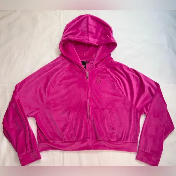 Victoria’s Secret Size L Hot Pink Velour Track Suit Cropped Hooded Jacket