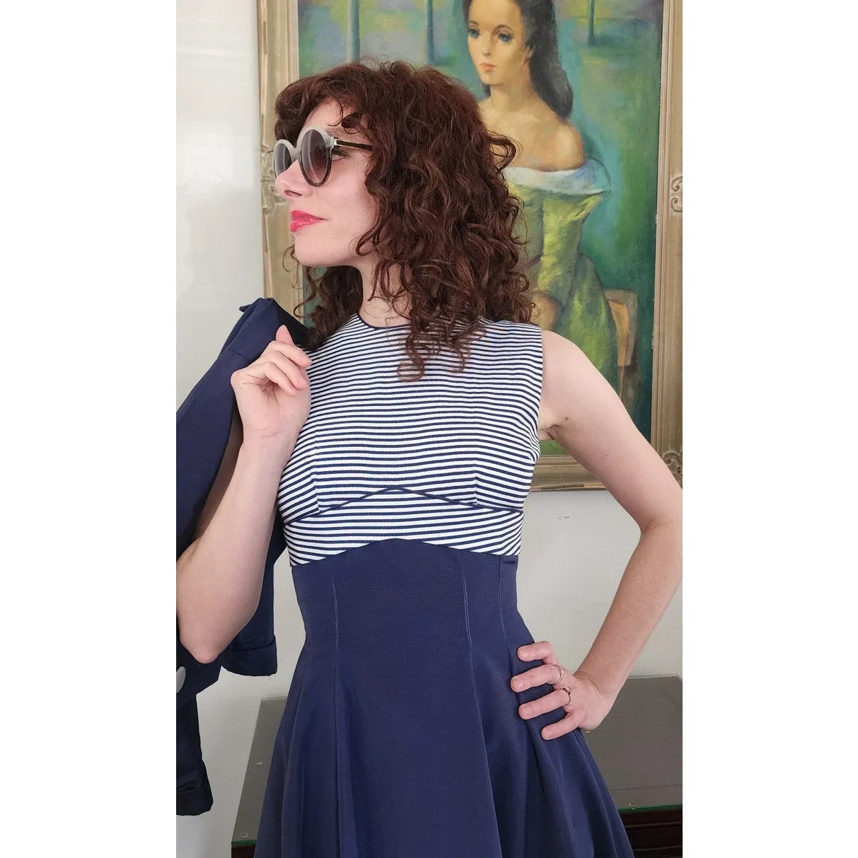 Vintage 50s Blue Dress Suit Nautical Stripe Cropped Jacket Jerell Jr
