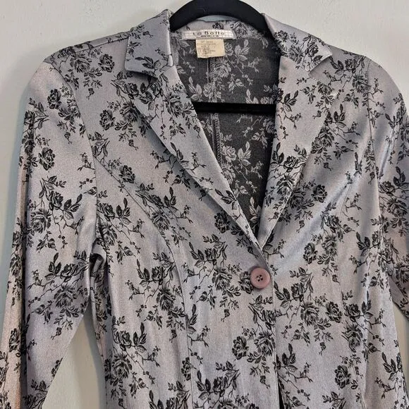 Vintage 90s Y2K La Belle Jacke Silver Floral Embossed Satin Roses Metallic Jrs 5