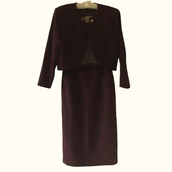 Vintage Burgundy Silk Wool Suit Open Cropped Top and Long Pencil Skirt Set