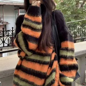 Vintage Color Block Striped Fuzzy Knit Sweater