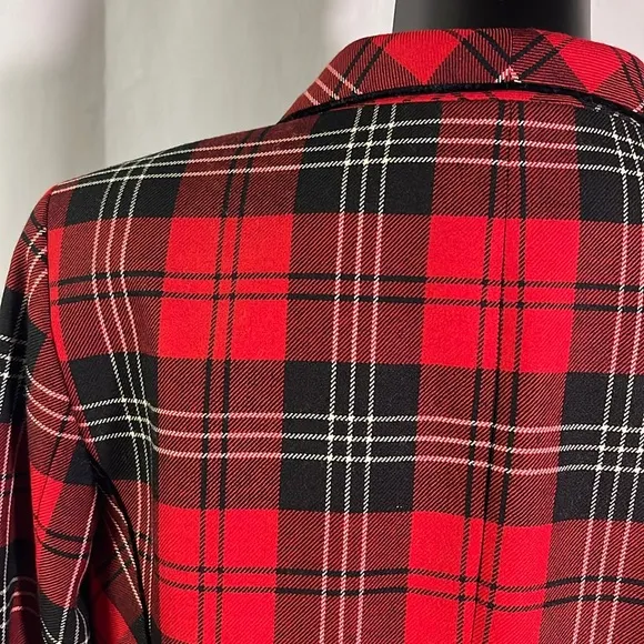 Vintage Pendleton Red &amp; Black Tartan Plaid Cropped Velvet Trim Wool Blazer