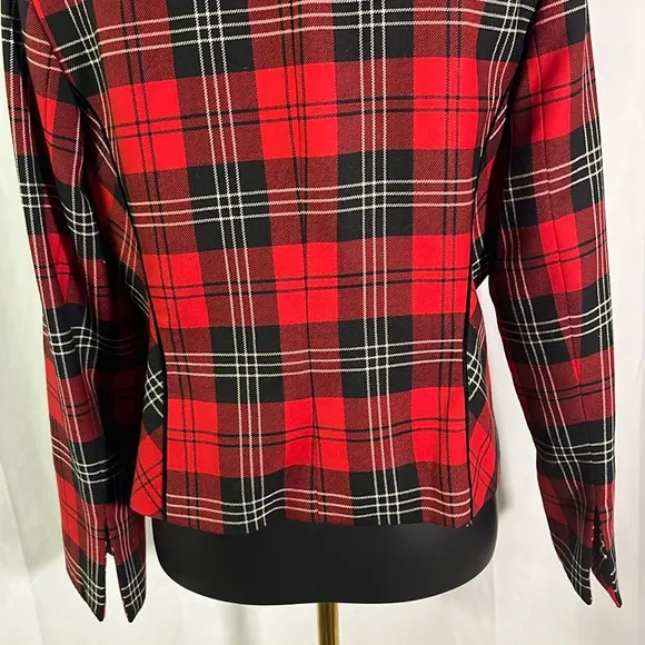 Vintage Pendleton Red &amp; Black Tartan Plaid Cropped Velvet Trim Wool Blazer