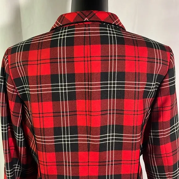 Vintage Pendleton Red &amp; Black Tartan Plaid Cropped Velvet Trim Wool Blazer