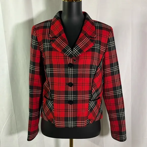 Vintage Pendleton Red &amp; Black Tartan Plaid Cropped Velvet Trim Wool Blazer