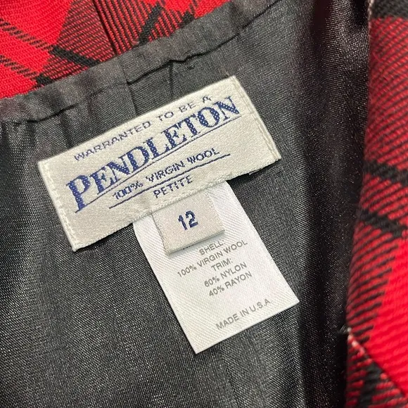 Vintage Pendleton Red &amp; Black Tartan Plaid Cropped Velvet Trim Wool Blazer