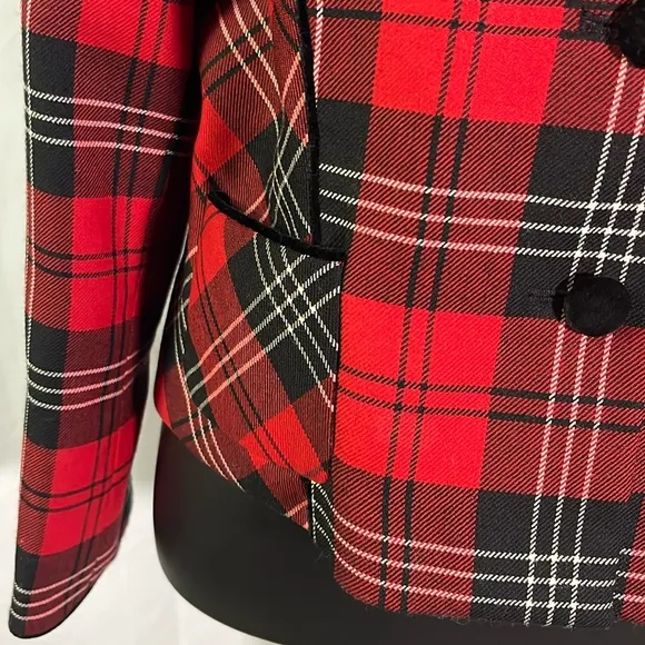 Vintage Pendleton Red &amp; Black Tartan Plaid Cropped Velvet Trim Wool Blazer