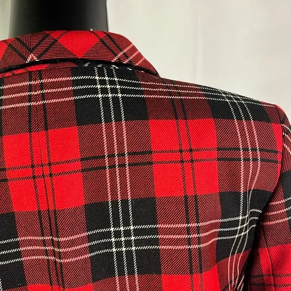 Vintage Pendleton Red &amp; Black Tartan Plaid Cropped Velvet Trim Wool Blazer