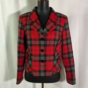 Vintage Pendleton Red &amp; Black Tartan Plaid Cropped Velvet Trim Wool Blazer