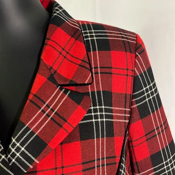 Vintage Pendleton Red &amp; Black Tartan Plaid Cropped Velvet Trim Wool Blazer