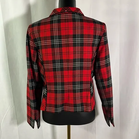 Vintage Pendleton Red &amp; Black Tartan Plaid Cropped Velvet Trim Wool Blazer