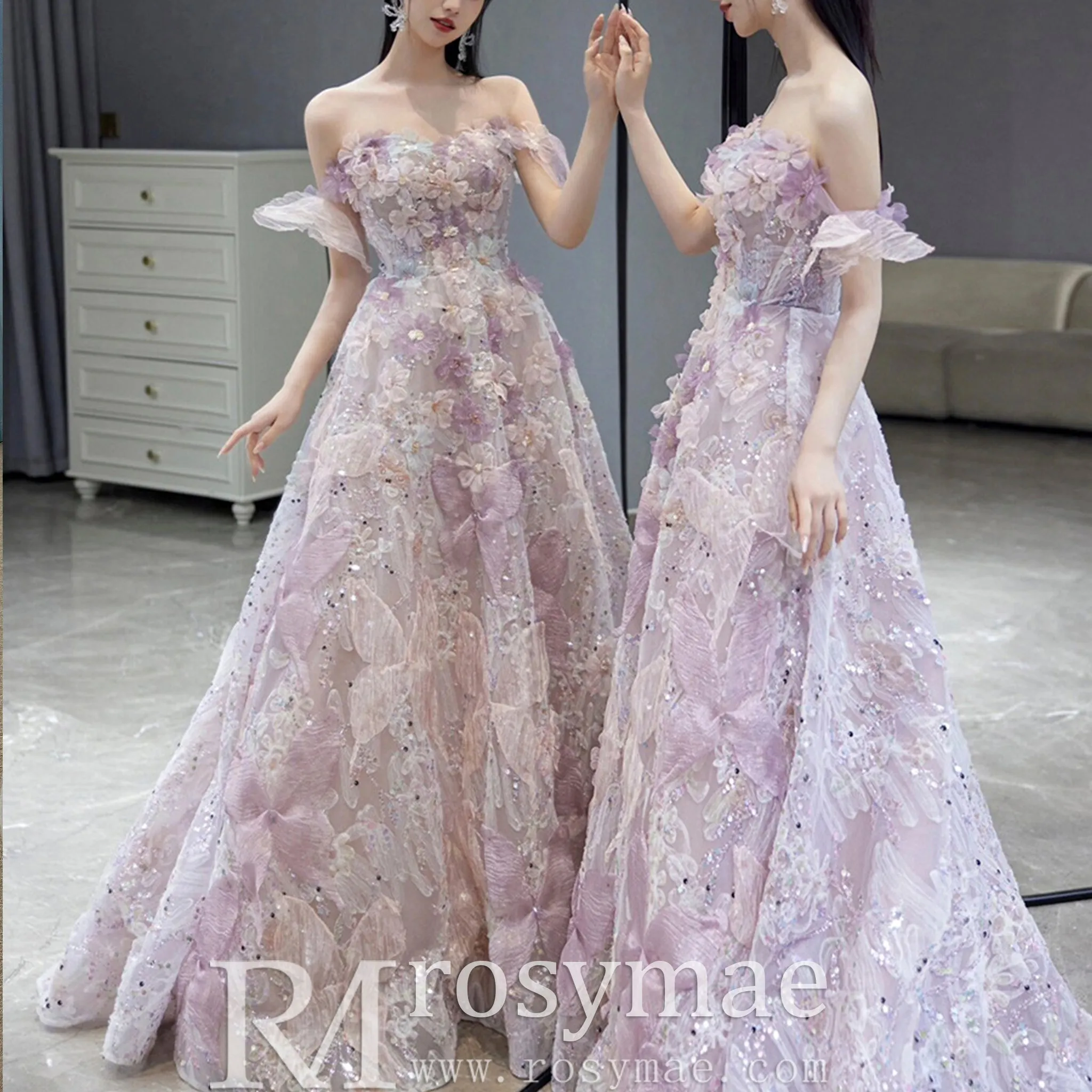 Violet 3D Floral A-Line Formal Dress Off Shoulder Evening Prom Gown