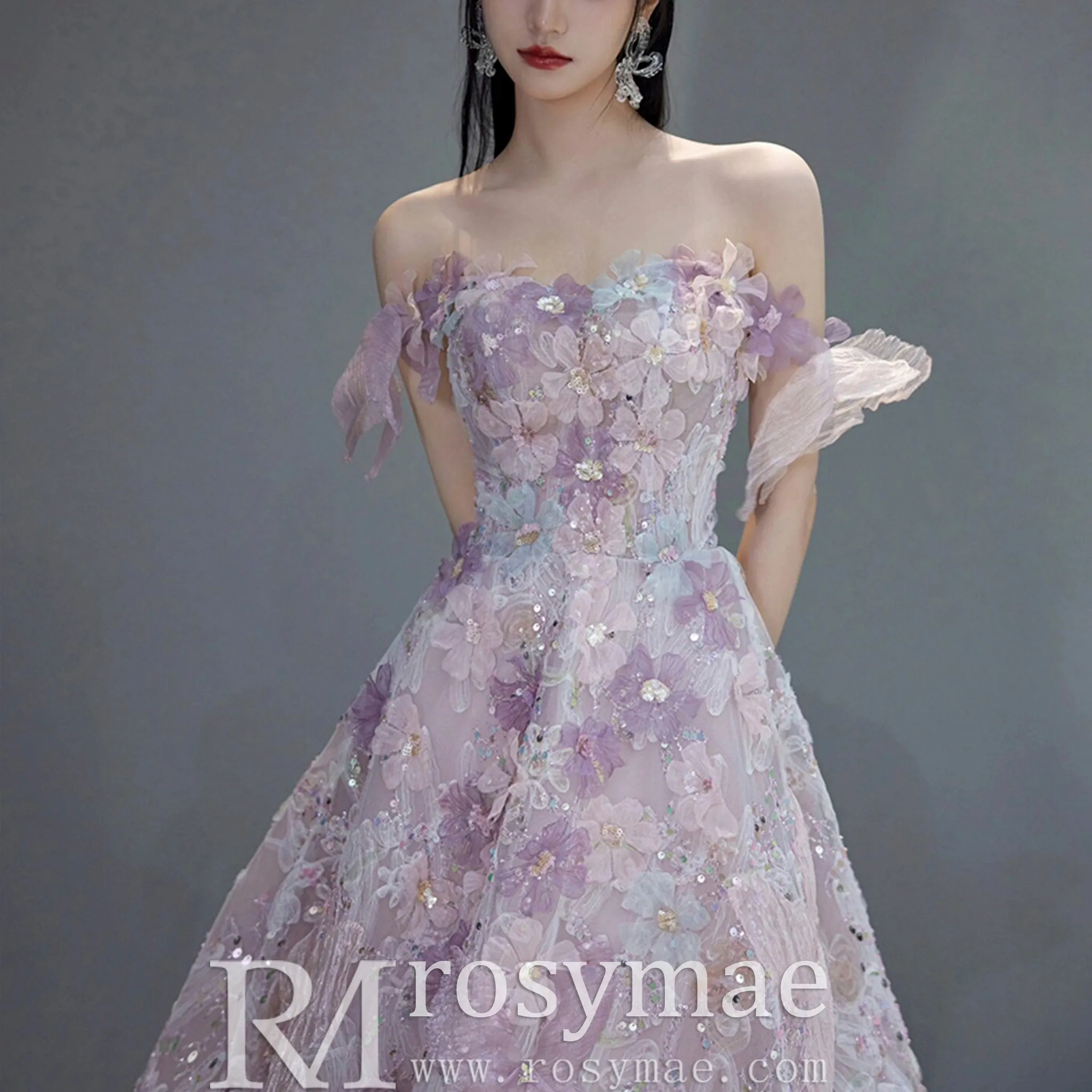Violet 3D Floral A-Line Formal Dress Off Shoulder Evening Prom Gown