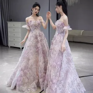 Violet 3D Floral A-Line Formal Dress Off Shoulder Evening Prom Gown