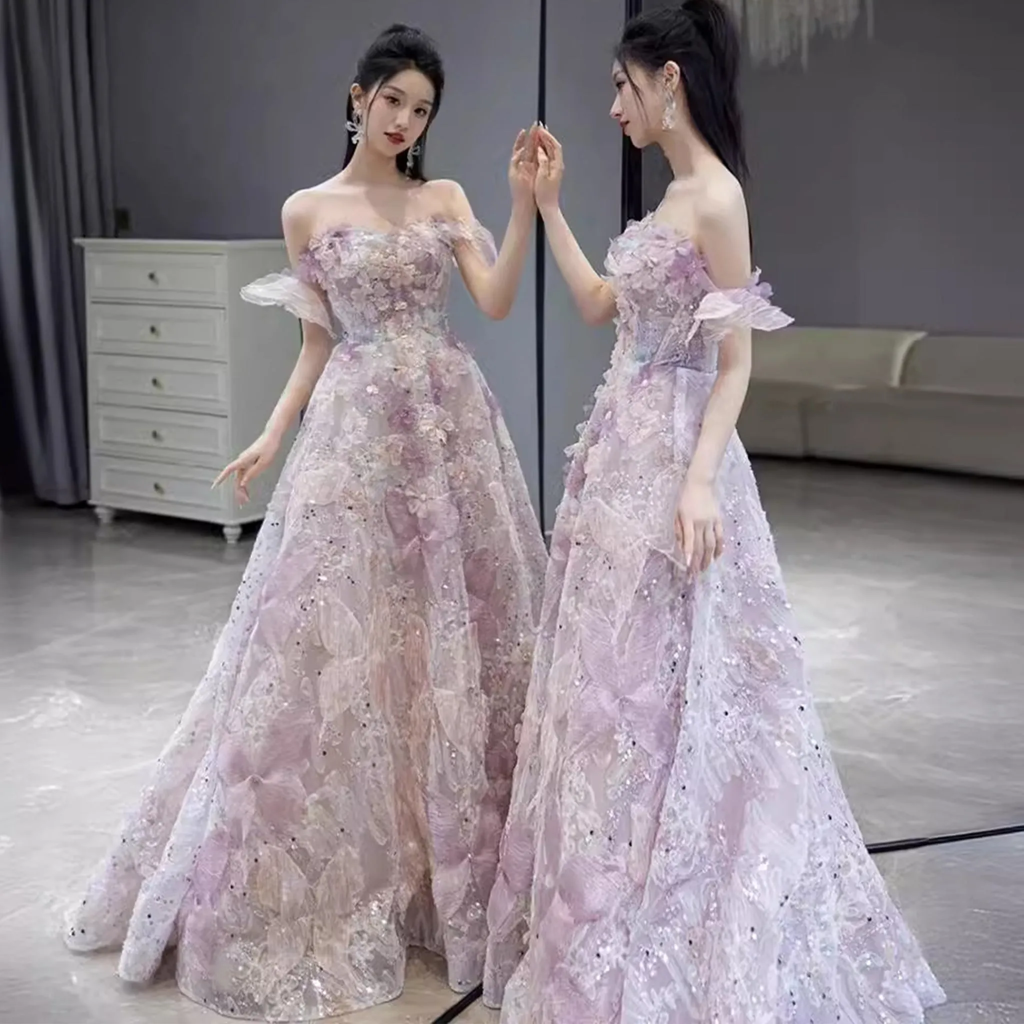 Violet 3D Floral A-Line Formal Dress Off Shoulder Evening Prom Gown