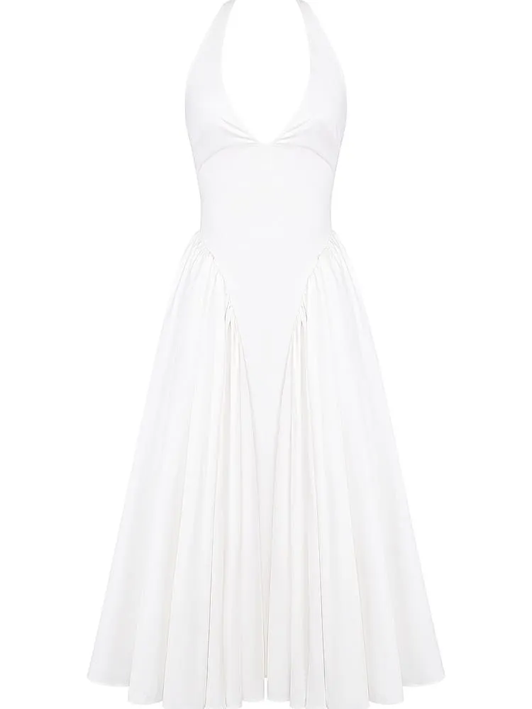 White Cotton Halter Midi Sundress