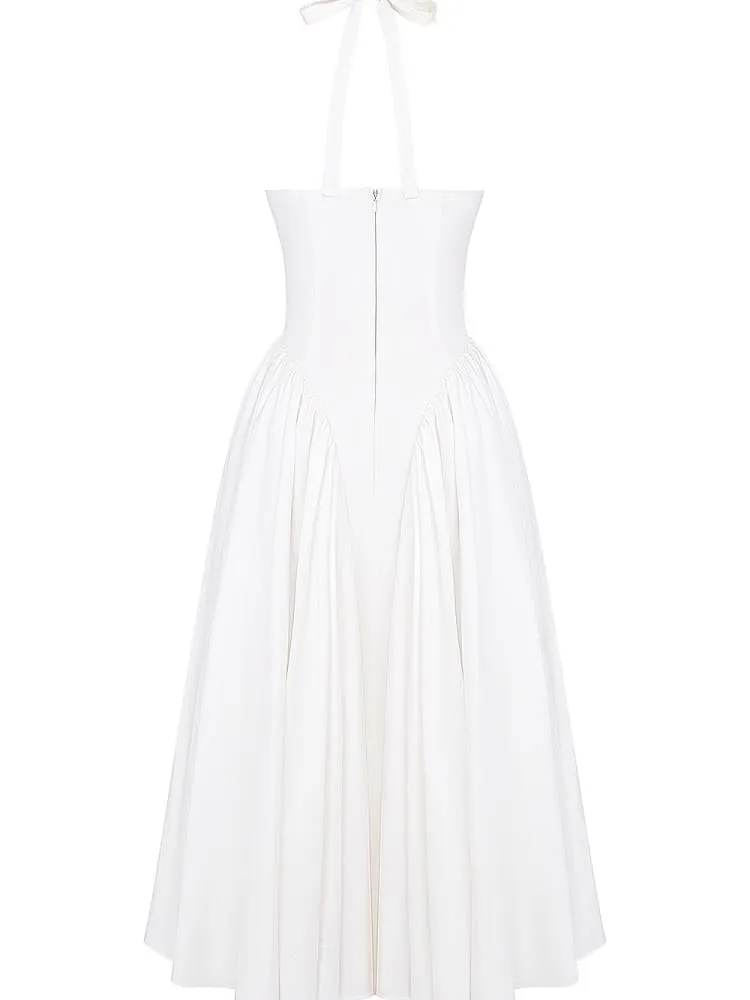 White Cotton Halter Midi Sundress