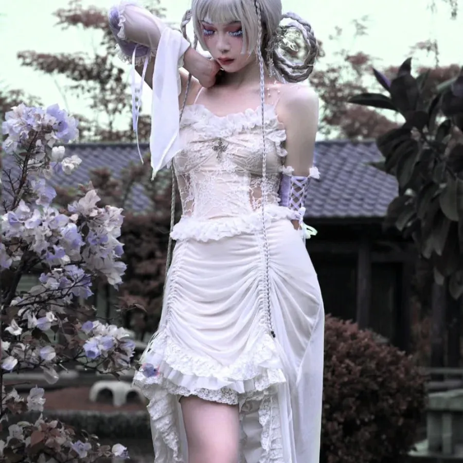 White Gothic Drawstring Halter Dress S30485