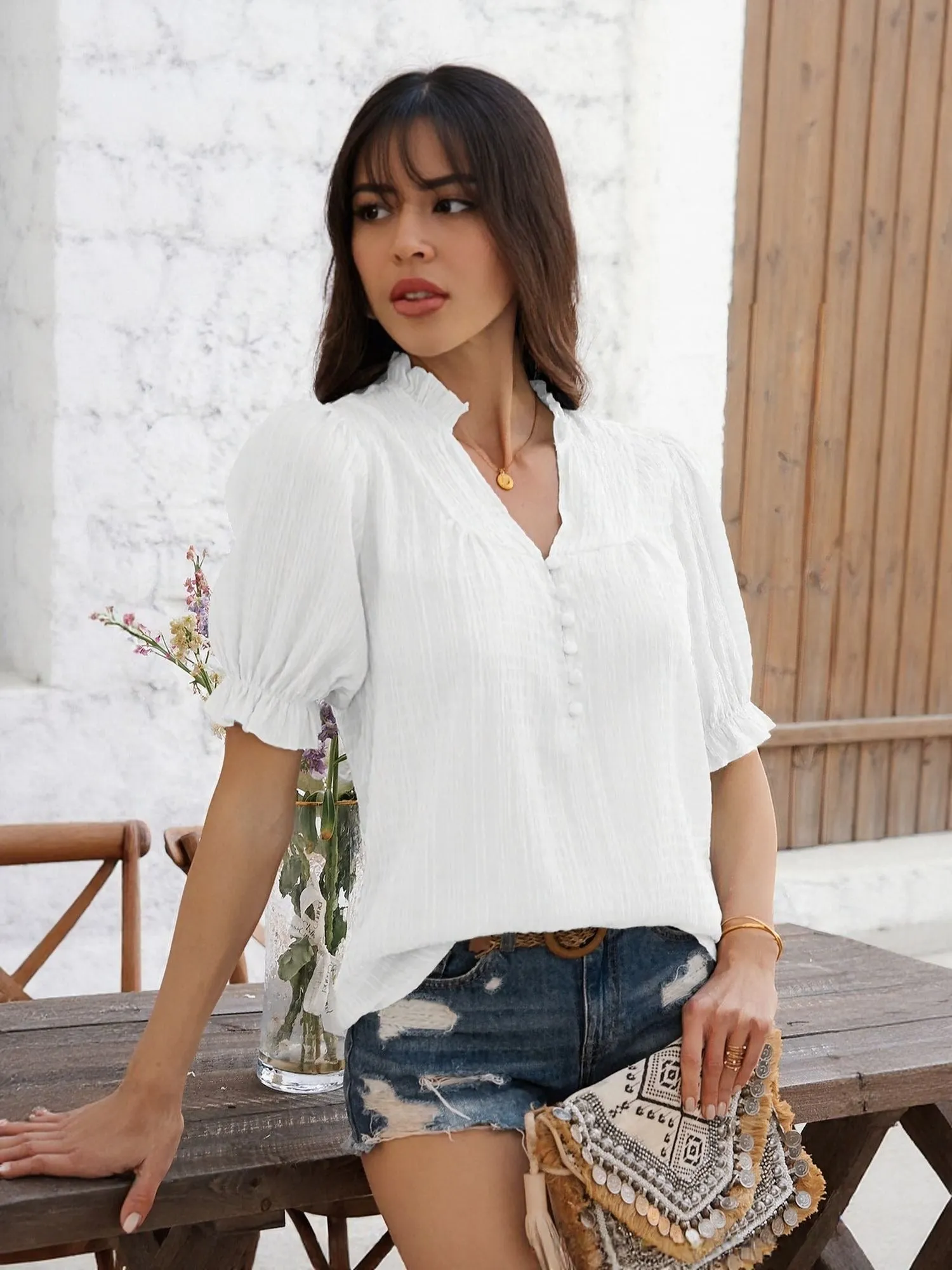 White Peasant Top With Button Detail