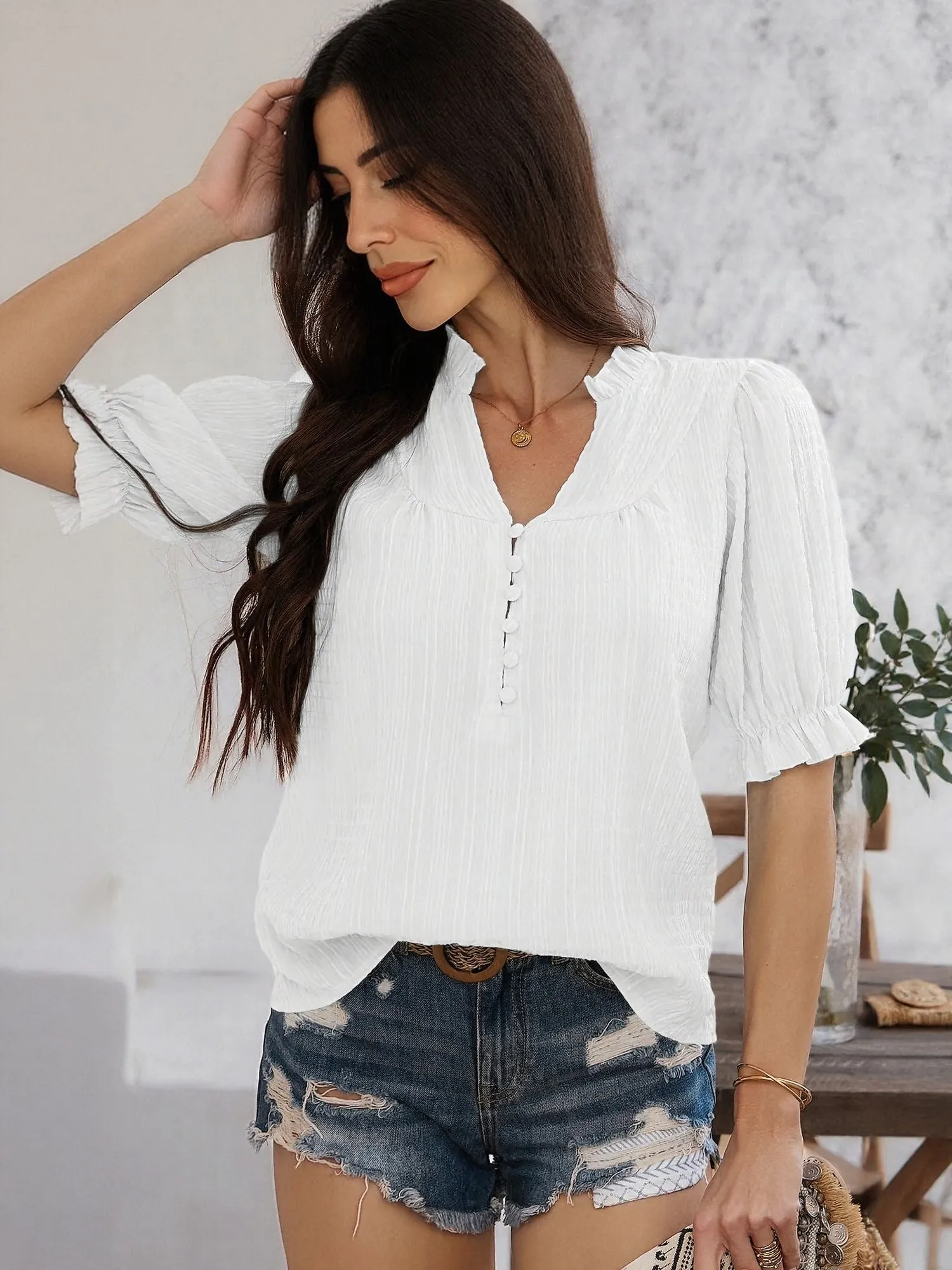 White Peasant Top With Button Detail