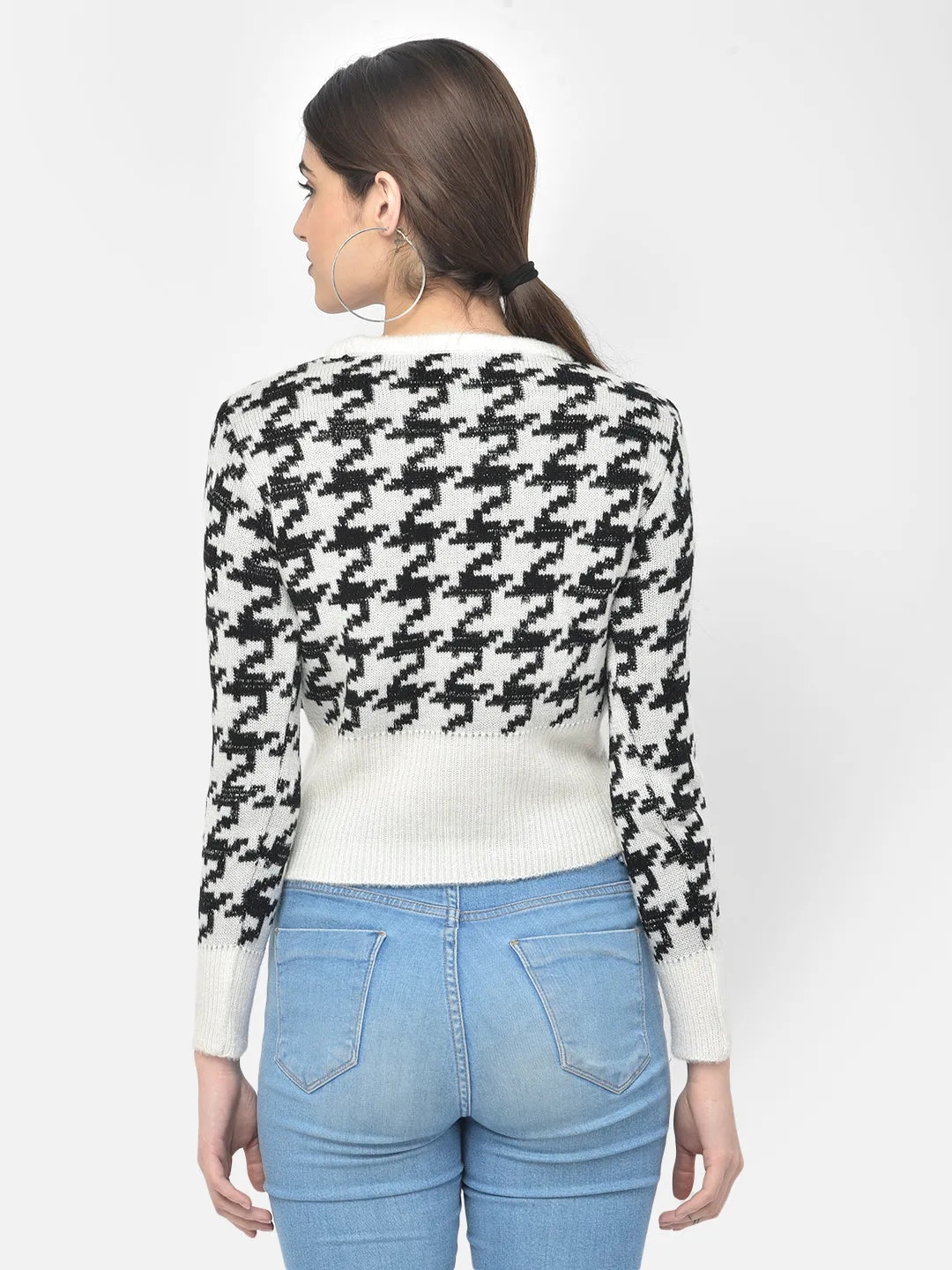 White Printed Cropped Sweater