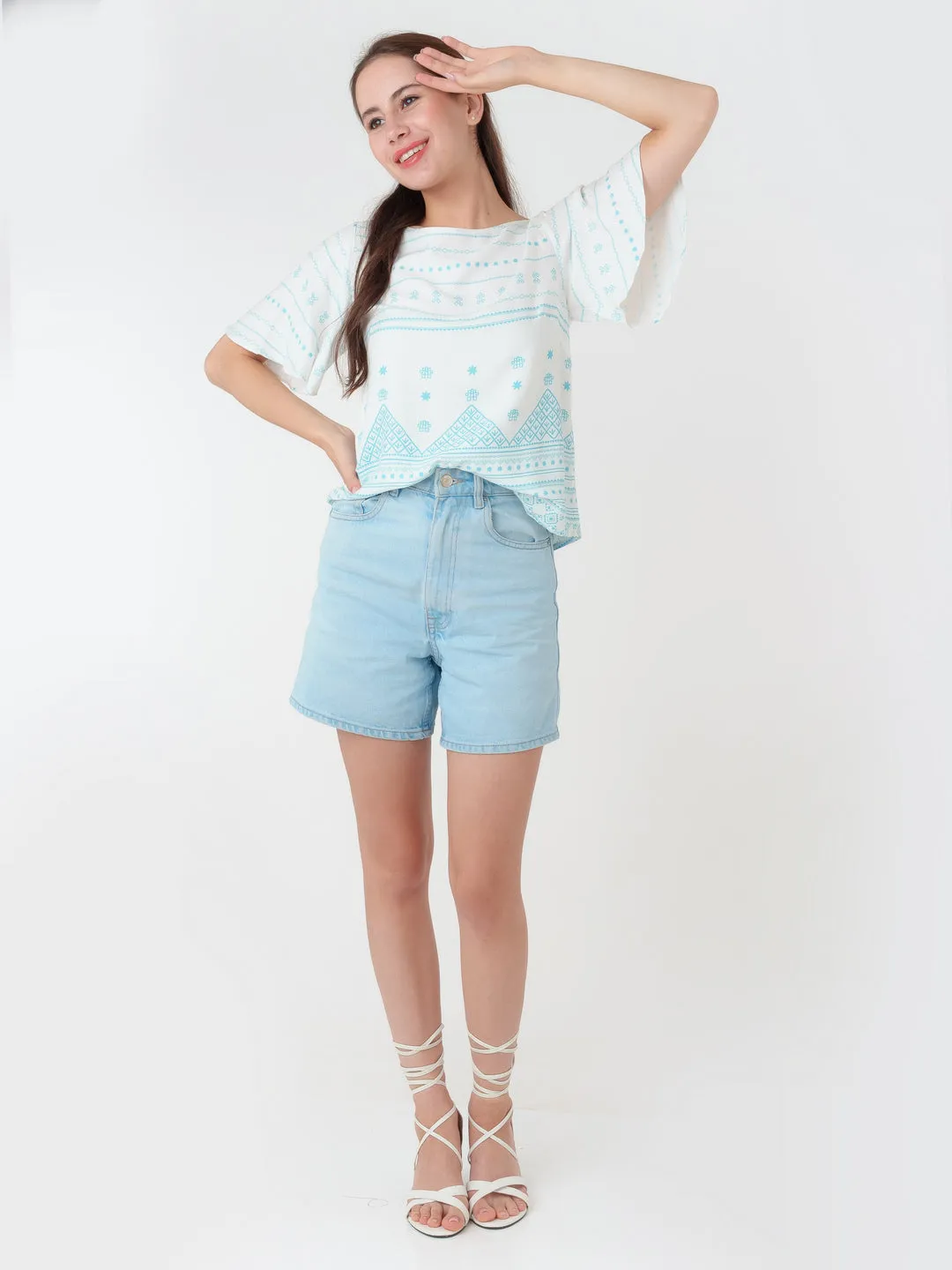 White Printed Straight Top