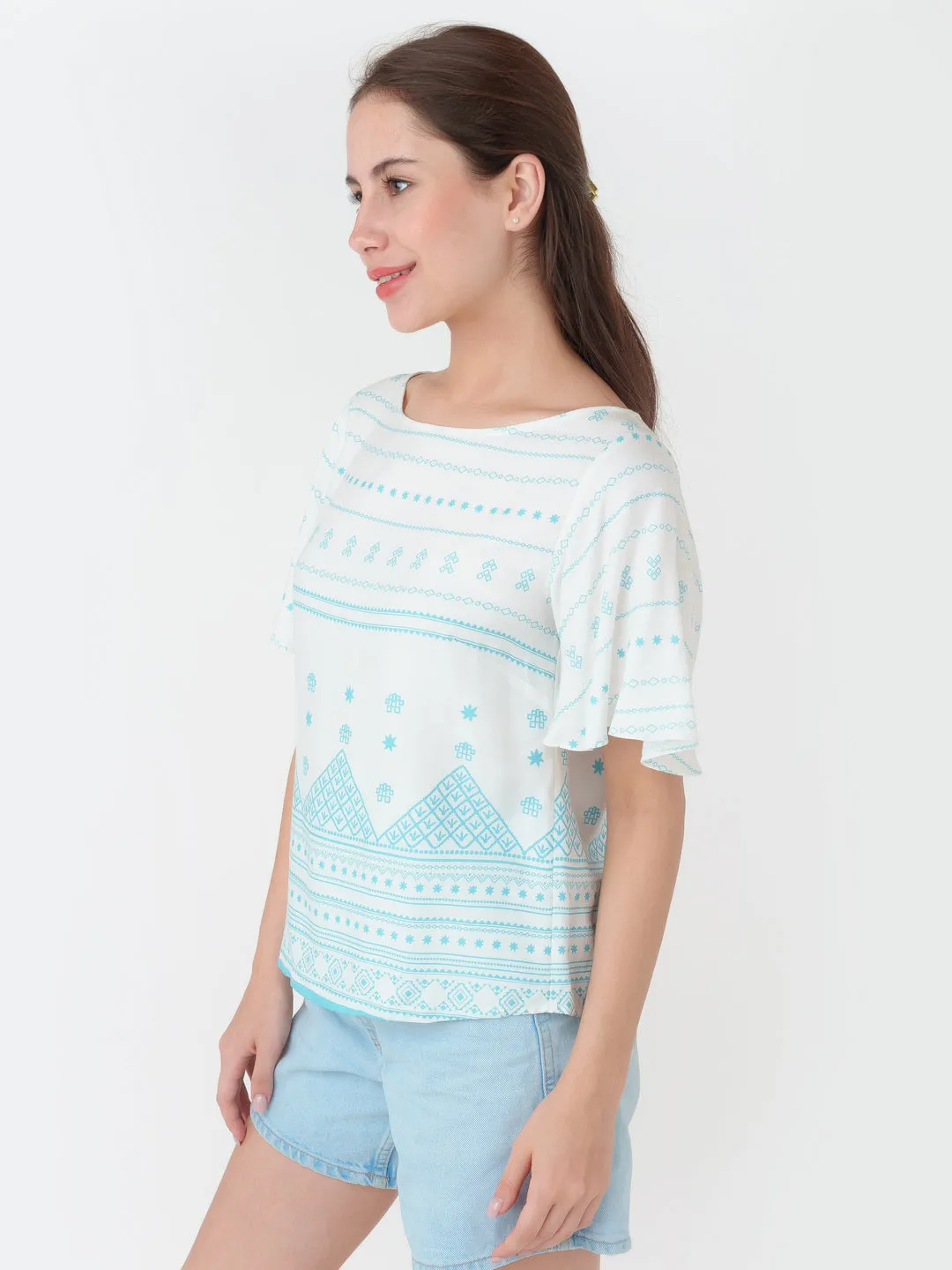 White Printed Straight Top