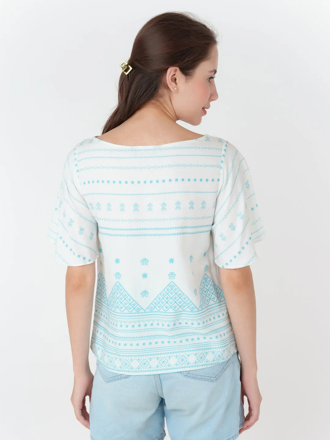 White Printed Straight Top