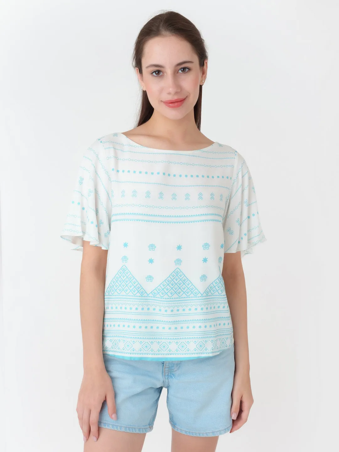 White Printed Straight Top