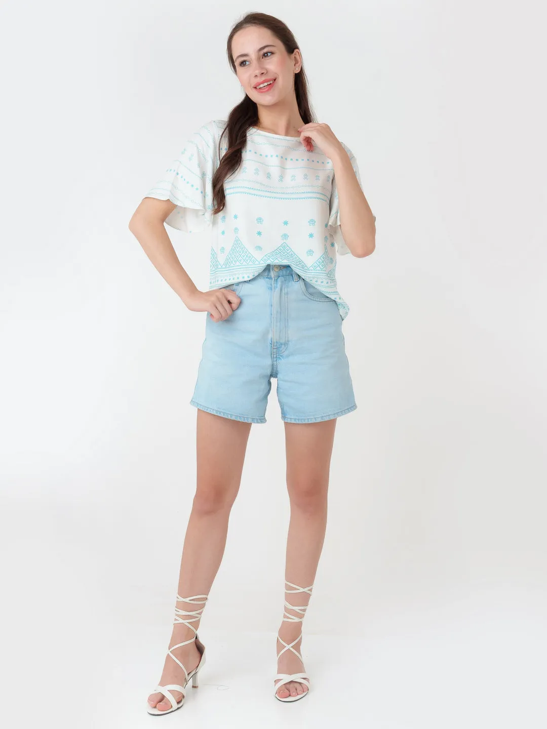 White Printed Straight Top