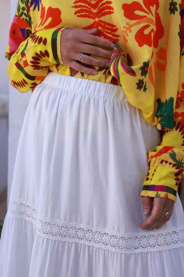 White Tiered Lace Trim Viscose Maxi Skirt