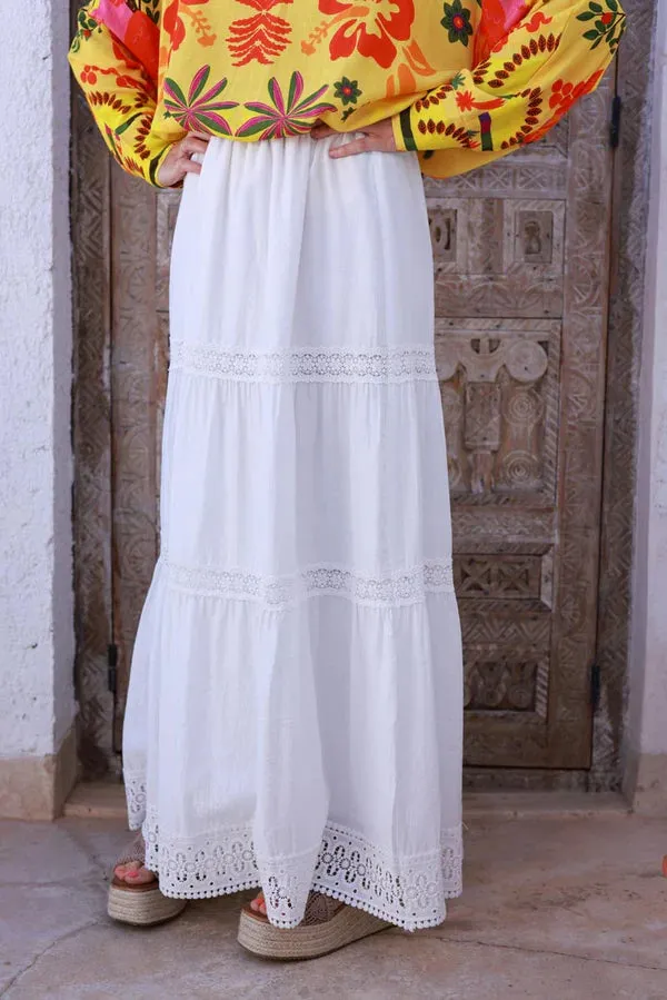 White Tiered Lace Trim Viscose Maxi Skirt