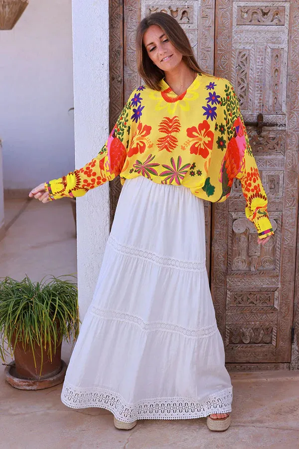White Tiered Lace Trim Viscose Maxi Skirt