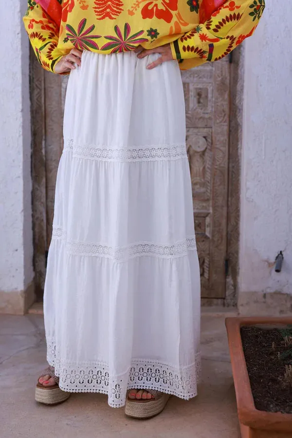 White Tiered Lace Trim Viscose Maxi Skirt