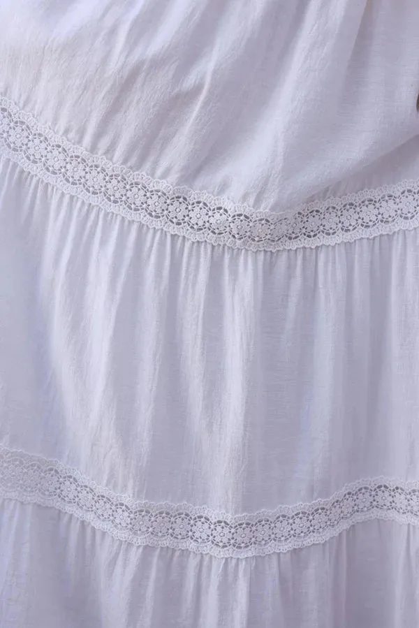 White Tiered Lace Trim Viscose Maxi Skirt