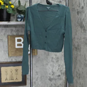 Wild Fable Women's Cropped Button-Front Cardigan Dark Teal Green XL