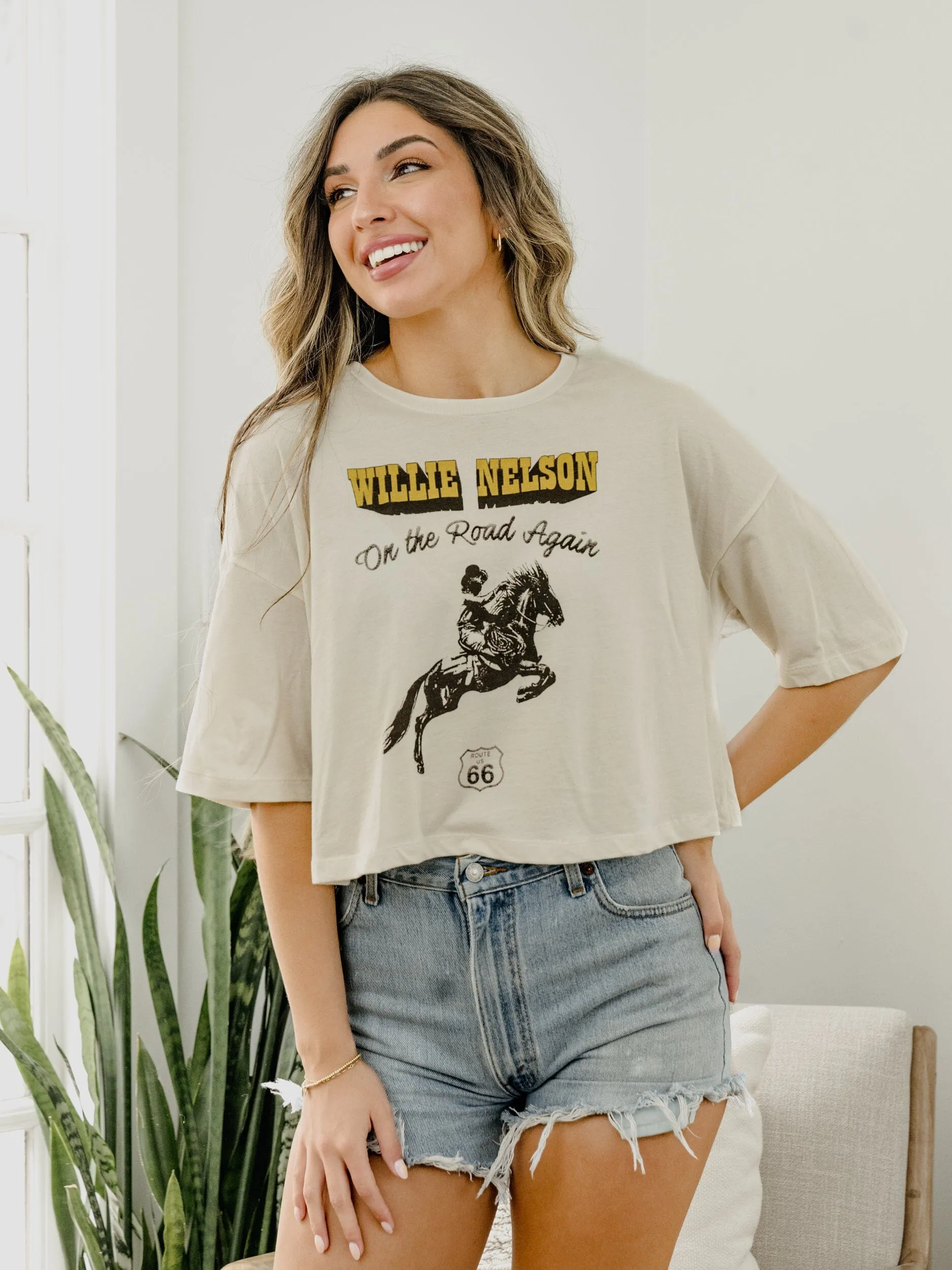 Willie Nelson Route 66 Off White Cropped Tee