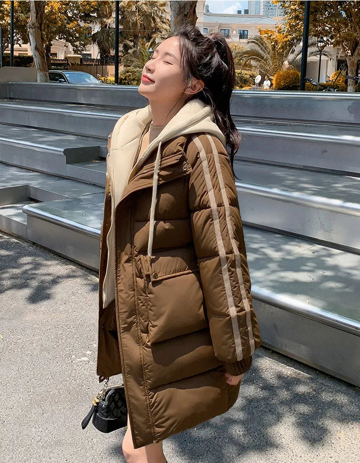Windproof Women's Quilted Puffer Jacket with Faux Two-Piece Design