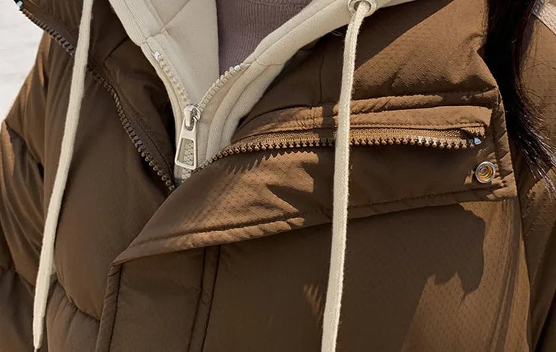 Windproof Women's Quilted Puffer Jacket with Faux Two-Piece Design