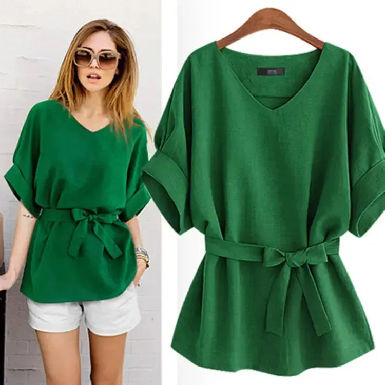 Women Blouses Linen Tunic Shirt V Neck Batwing Sleeve Blouse Plus Size Women Blouses For Summer