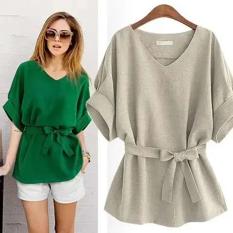 Women Blouses Linen Tunic Shirt V Neck Batwing Sleeve Blouse Plus Size Women Blouses For Summer